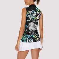 New Zealand Kiwi Bird Women Sleeveless Polo Shirt Silver Fern Koru Paua Shell
