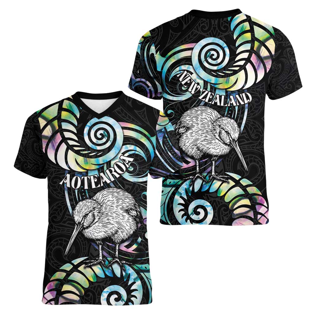New Zealand Kiwi Bird Women V-Neck T-Shirt Silver Fern Koru Paua Shell