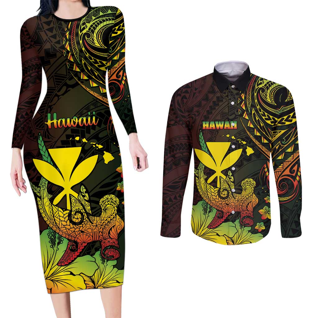 Personalised Hawaii Couples Matching Long Sleeve Bodycon Dress and Long Sleeve Button Shirt Kanaka Maoli With Hammerhead Shark DT04 Black - Polynesian Pride