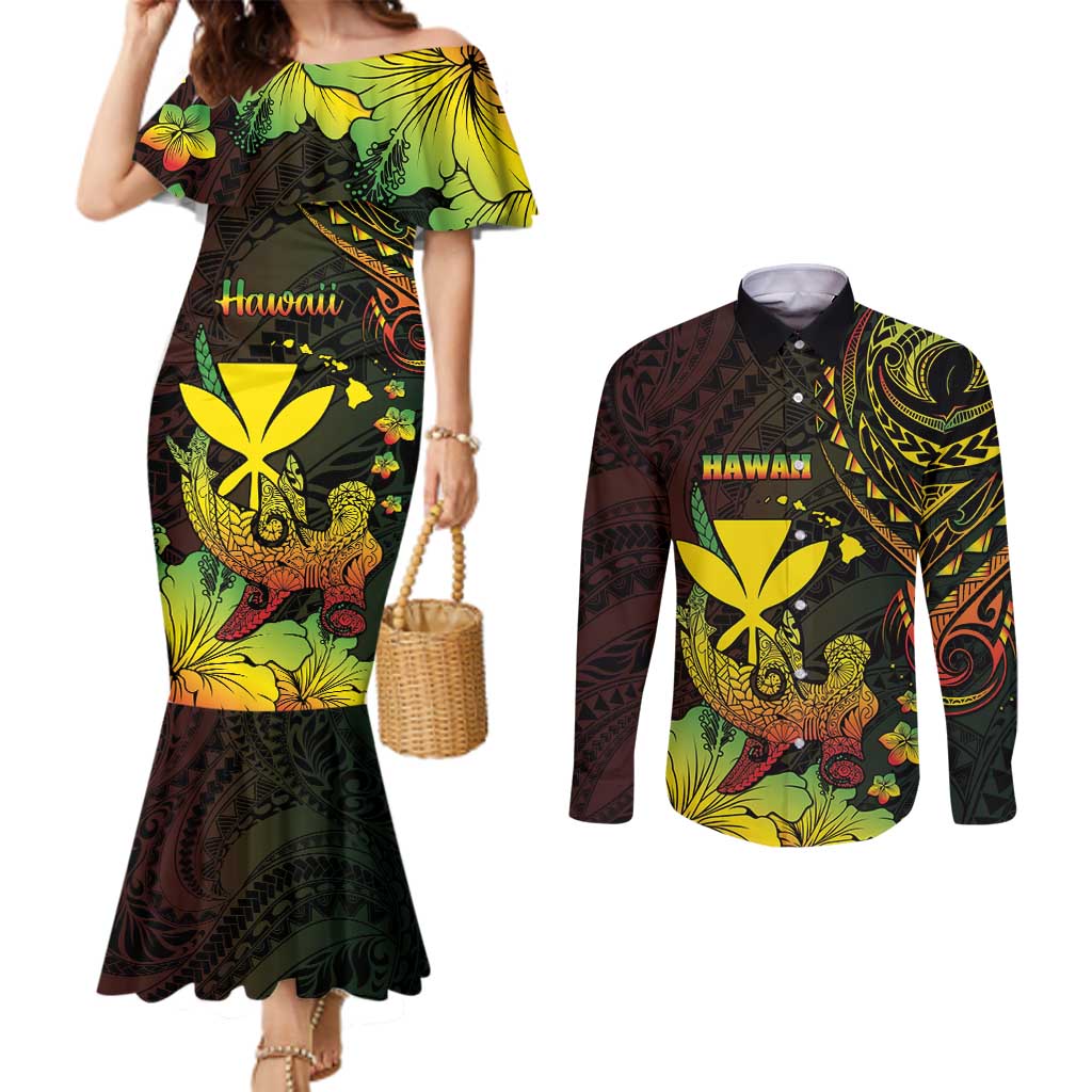 Personalised Hawaii Couples Matching Mermaid Dress and Long Sleeve Button Shirt Kanaka Maoli With Hammerhead Shark