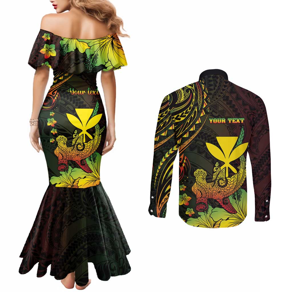 Personalised Hawaii Couples Matching Mermaid Dress and Long Sleeve Button Shirt Kanaka Maoli With Hammerhead Shark