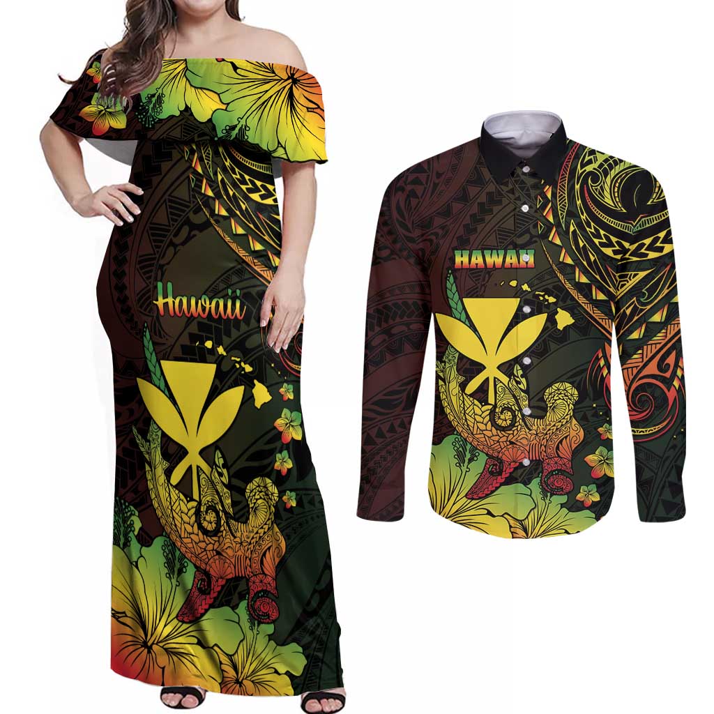 Personalised Hawaii Couples Matching Off Shoulder Maxi Dress and Long Sleeve Button Shirt Kanaka Maoli With Hammerhead Shark DT04 Black - Polynesian Pride