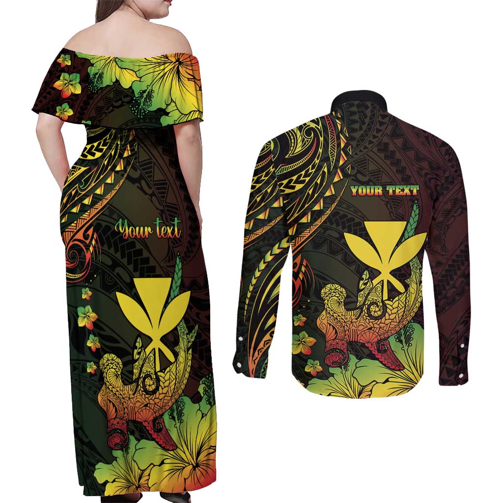 Personalised Hawaii Couples Matching Off Shoulder Maxi Dress and Long Sleeve Button Shirt Kanaka Maoli With Hammerhead Shark