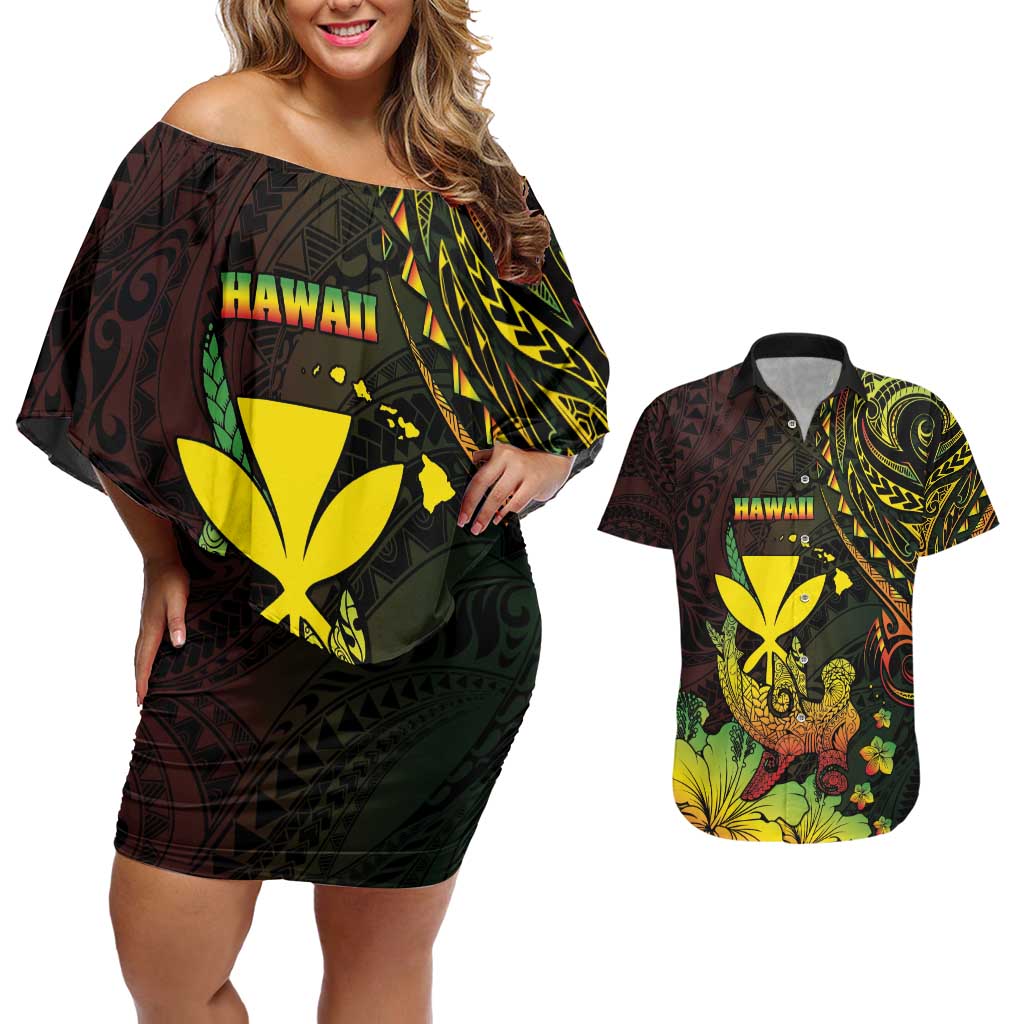 Personalised Hawaii Couples Matching Off Shoulder Short Dress and Hawaiian Shirt Kanaka Maoli With Hammerhead Shark DT04 Black - Polynesian Pride