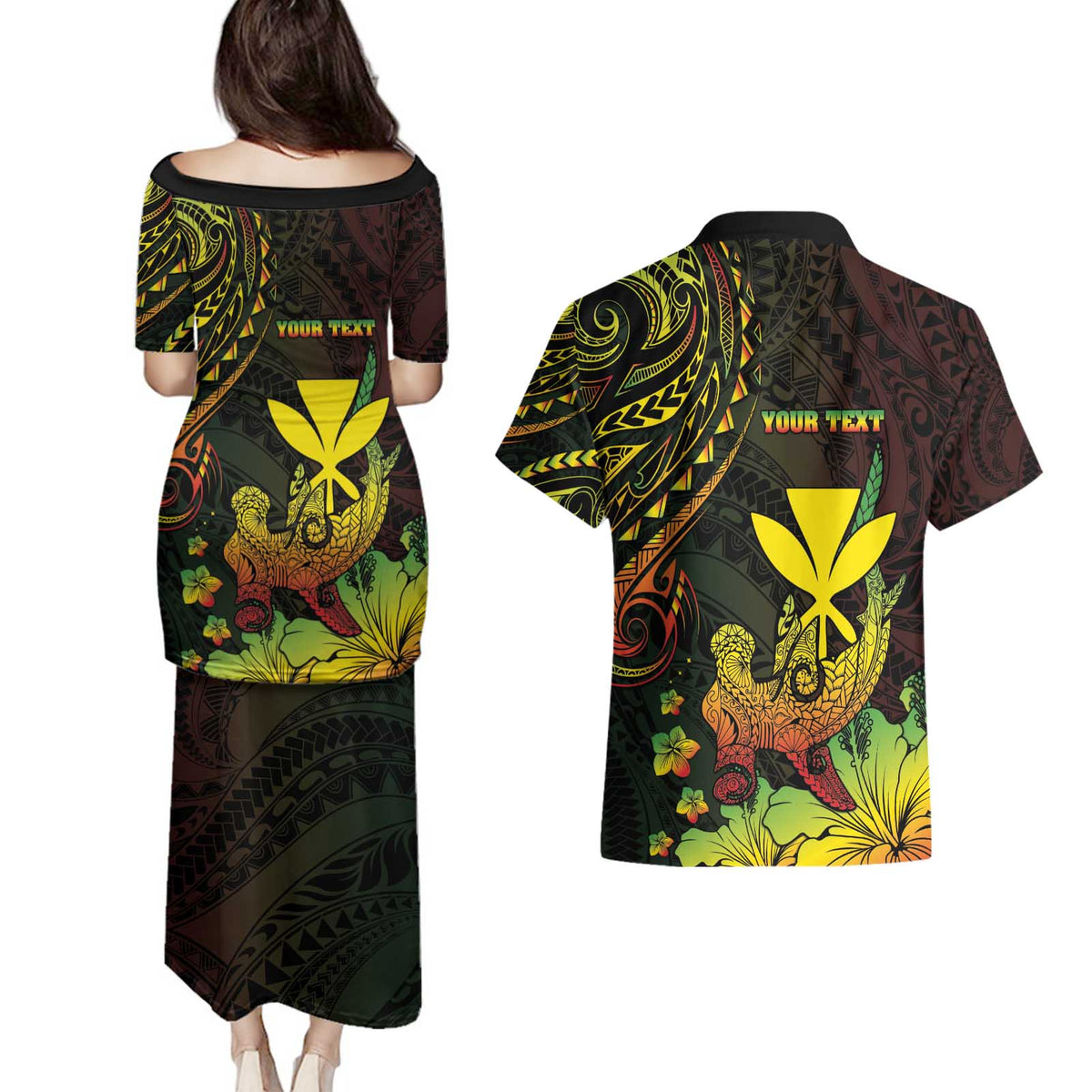 Personalised Hawaii Couples Matching Puletasi and Hawaiian Shirt Kanaka Maoli With Hammerhead Shark