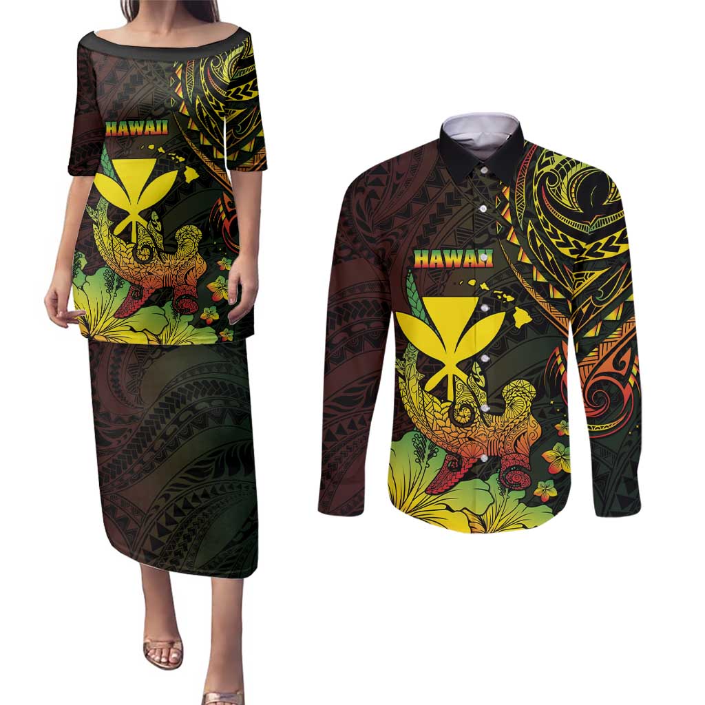 Personalised Hawaii Couples Matching Puletasi and Long Sleeve Button Shirt Kanaka Maoli With Hammerhead Shark DT04 Black - Polynesian Pride