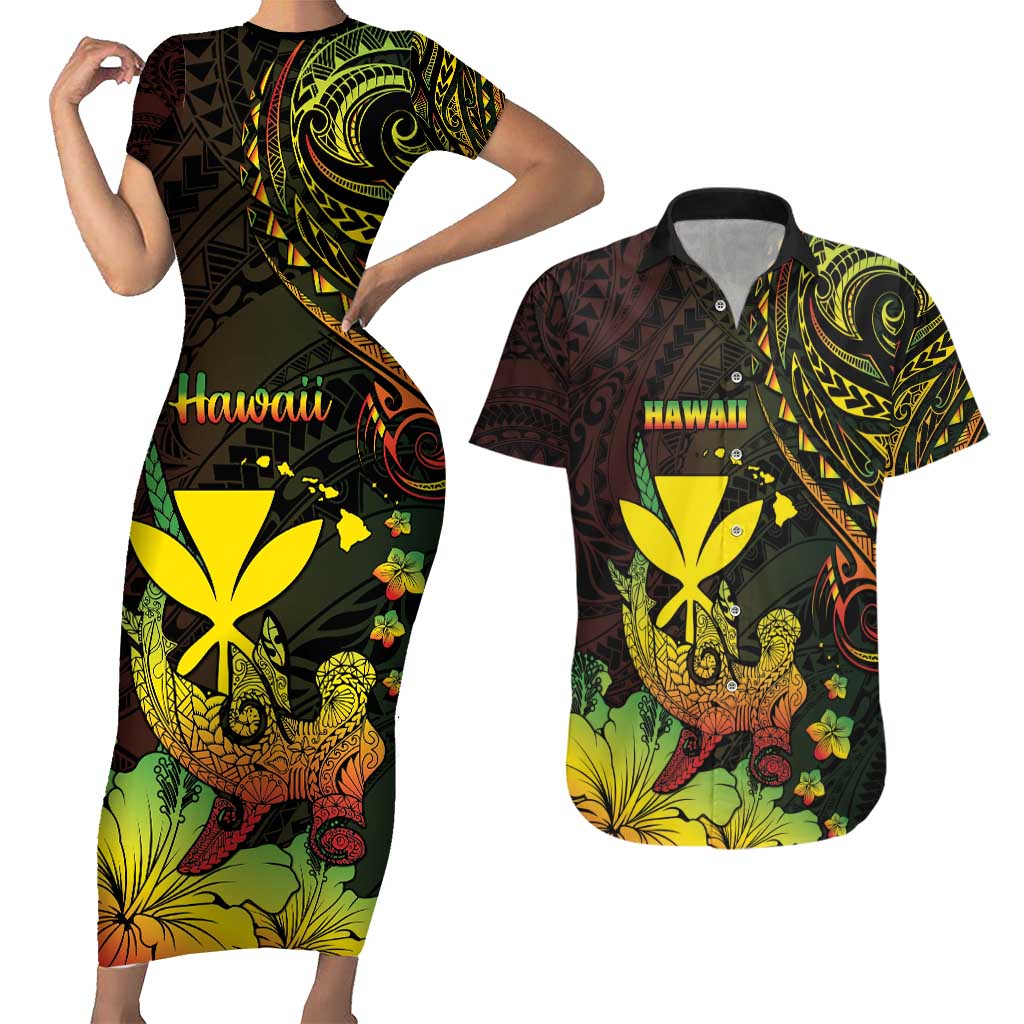 Personalised Hawaii Couples Matching Short Sleeve Bodycon Dress and Hawaiian Shirt Kanaka Maoli With Hammerhead Shark DT04 Black - Polynesian Pride