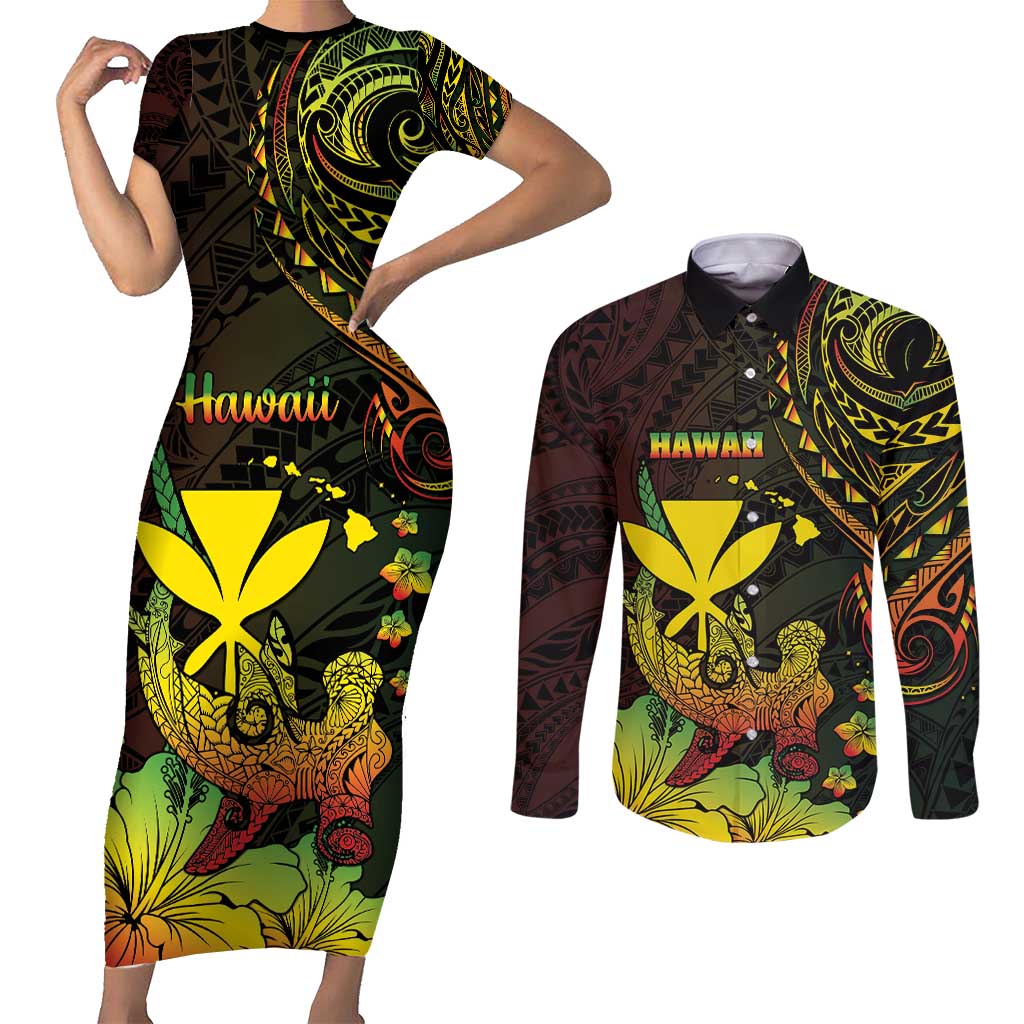 Personalised Hawaii Couples Matching Short Sleeve Bodycon Dress and Long Sleeve Button Shirt Kanaka Maoli With Hammerhead Shark DT04 Black - Polynesian Pride