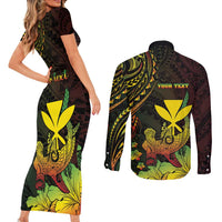 Personalised Hawaii Couples Matching Short Sleeve Bodycon Dress and Long Sleeve Button Shirt Kanaka Maoli With Hammerhead Shark