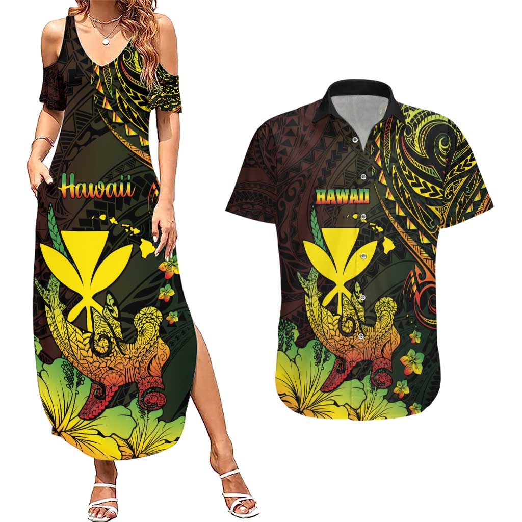 Personalised Hawaii Couples Matching Summer Maxi Dress and Hawaiian Shirt Kanaka Maoli With Hammerhead Shark DT04 Black - Polynesian Pride