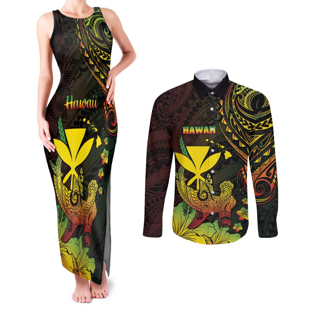 Personalised Hawaii Couples Matching Tank Maxi Dress and Long Sleeve Button Shirt Kanaka Maoli With Hammerhead Shark DT04 Black - Polynesian Pride