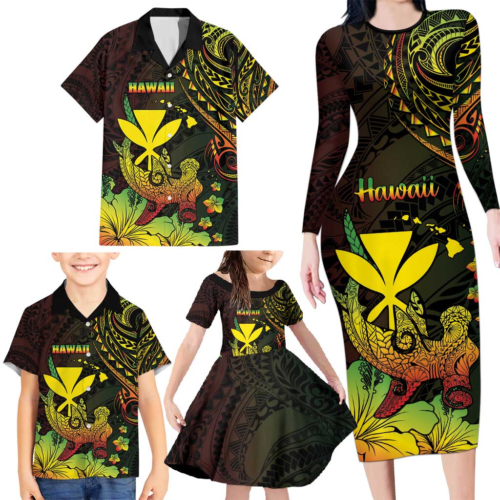 Personalised Hawaii Family Matching Long Sleeve Bodycon Dress and Hawaiian Shirt Kanaka Maoli With Hammerhead Shark