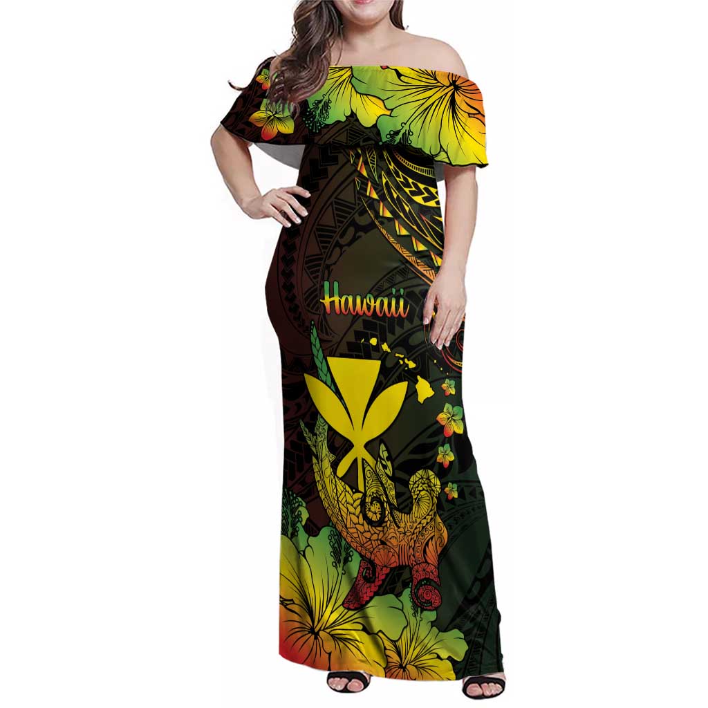 Personalised Hawaii Family Matching Off Shoulder Maxi Dress and Hawaiian Shirt Kanaka Maoli With Hammerhead Shark