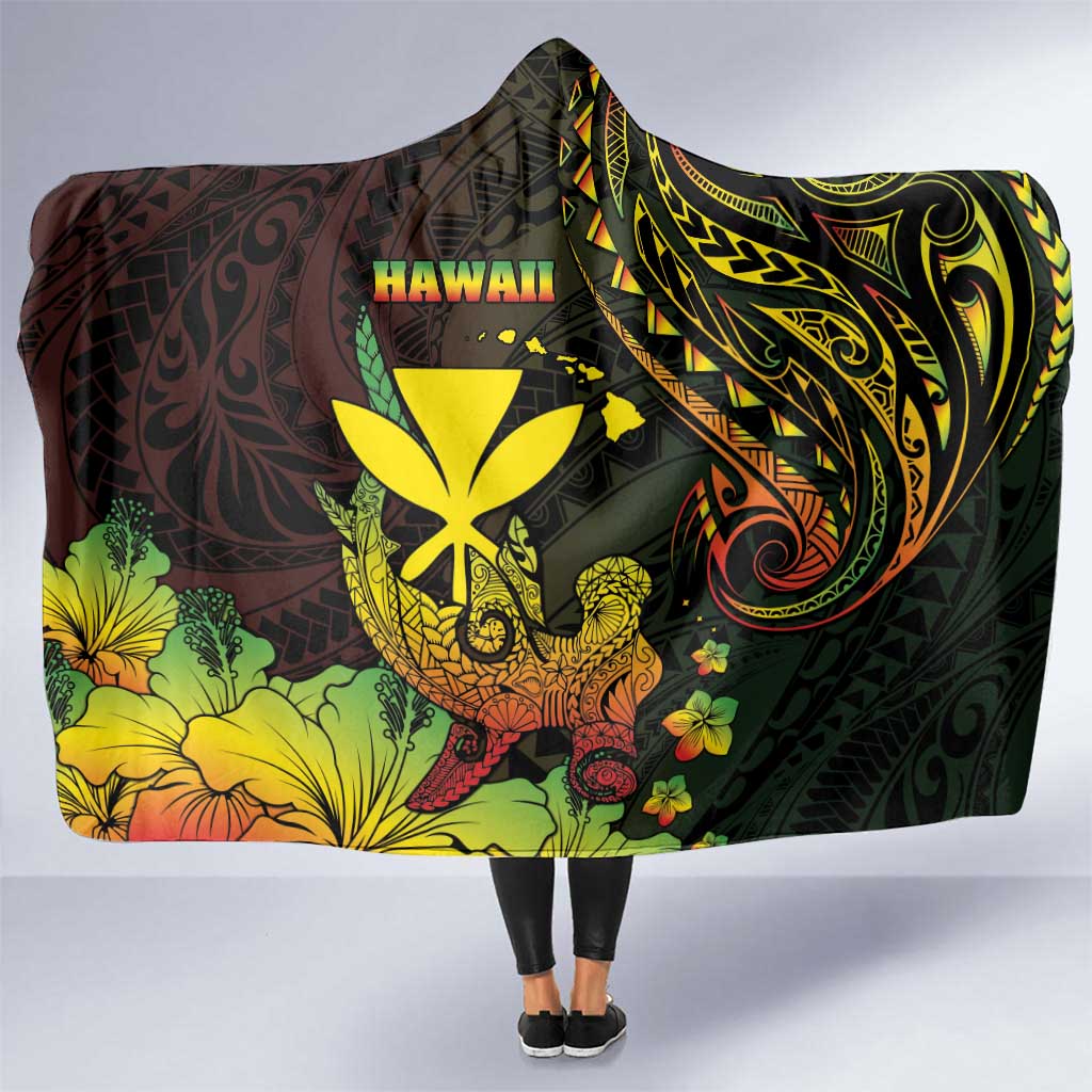 Hawaii Hooded Blanket Kanaka Maoli With Hammerhead Shark DT04 One Size Black - Polynesian Pride
