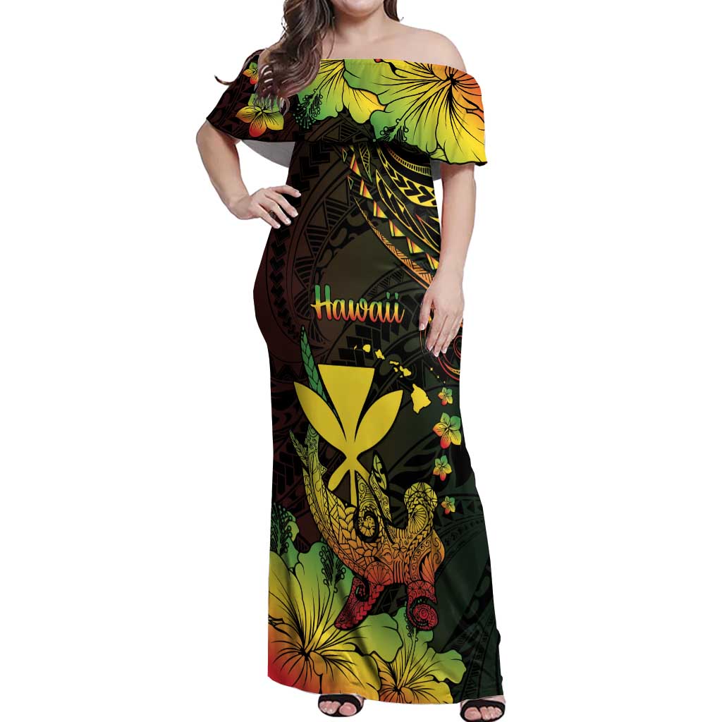 Personalised Hawaii Off Shoulder Maxi Dress Kanaka Maoli With Hammerhead Shark