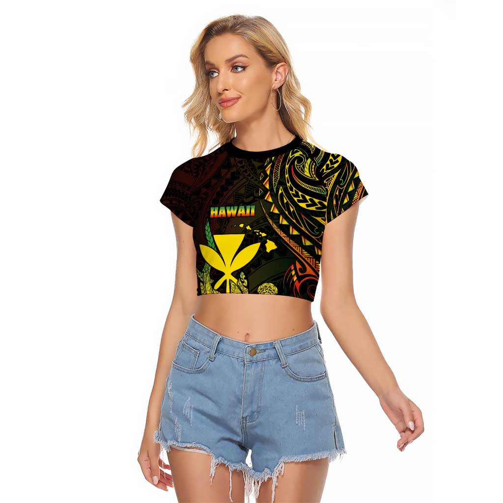 Personalised Hawaii Raglan Cropped T Shirt Kanaka Maoli With Hammerhead Shark DT04 Female Black - Polynesian Pride