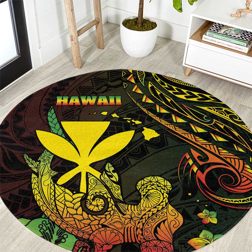 Hawaii Round Carpet Kanaka Maoli With Hammerhead Shark DT04 Black - Polynesian Pride