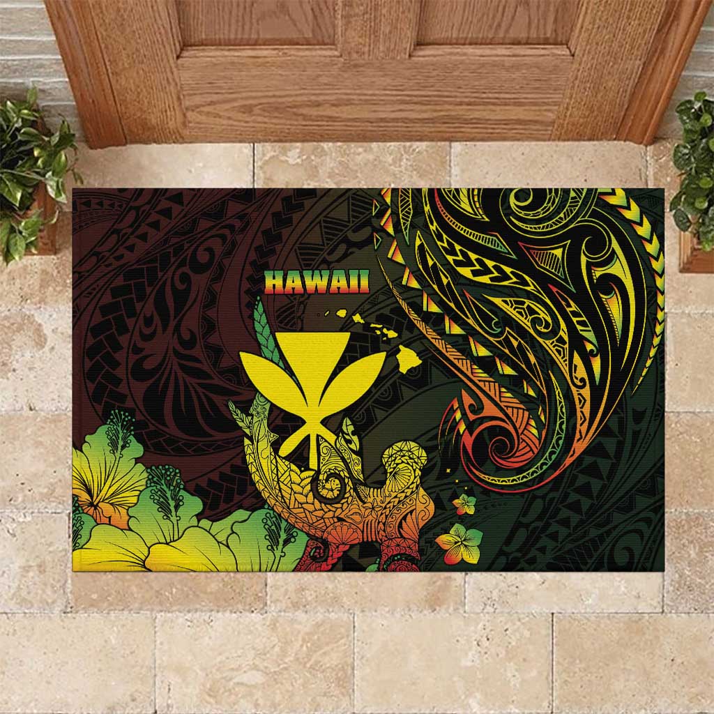 Hawaii Rubber Doormat Kanaka Maoli With Hammerhead Shark DT04 Black - Polynesian Pride