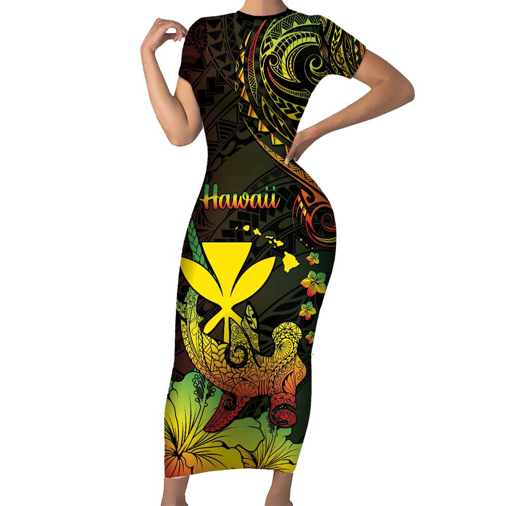 Personalised Hawaii Short Sleeve Bodycon Dress Kanaka Maoli With Hammerhead Shark
