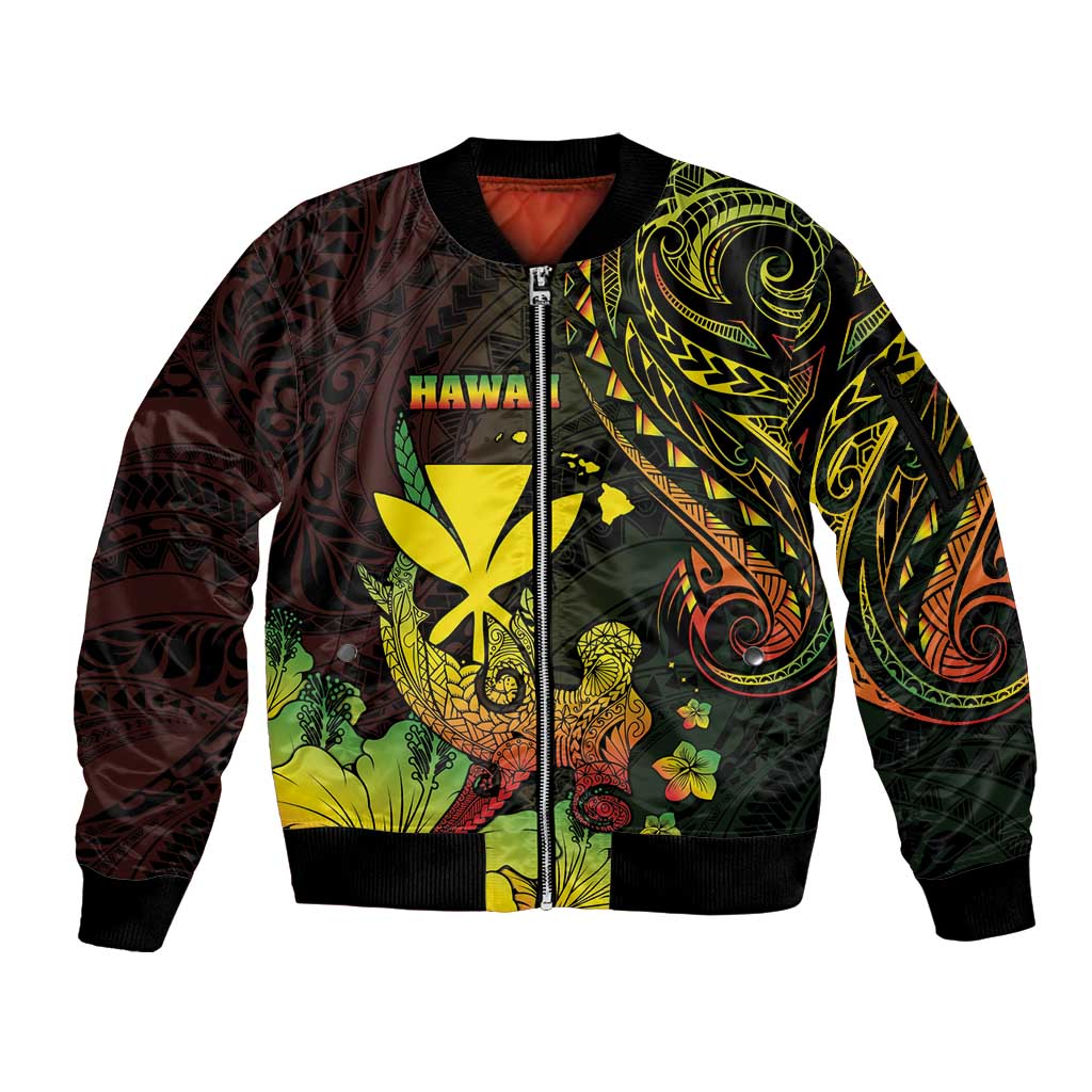 Personalised Hawaii Sleeve Zip Bomber Jacket Kanaka Maoli With Hammerhead Shark DT04 Unisex Black - Polynesian Pride