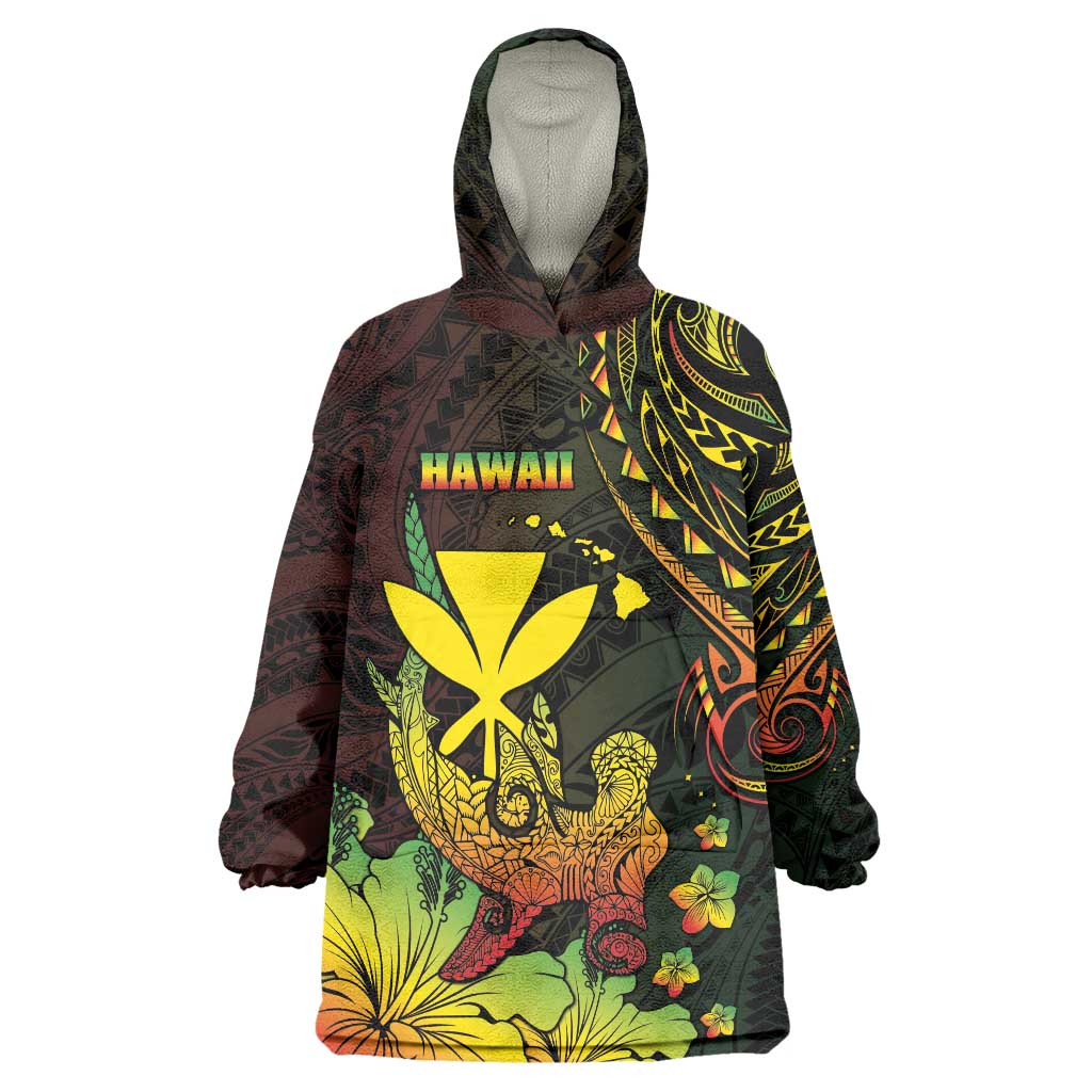 Personalised Hawaii Wearable Blanket Hoodie Kanaka Maoli With Hammerhead Shark DT04 One Size Black - Polynesian Pride