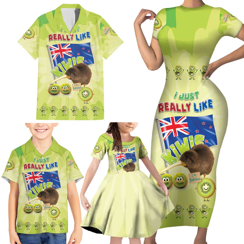 New Zealand Kiwi Family Matching Short Sleeve Bodycon Dress and Hawaiian Shirt I Just Really Like Kiwis