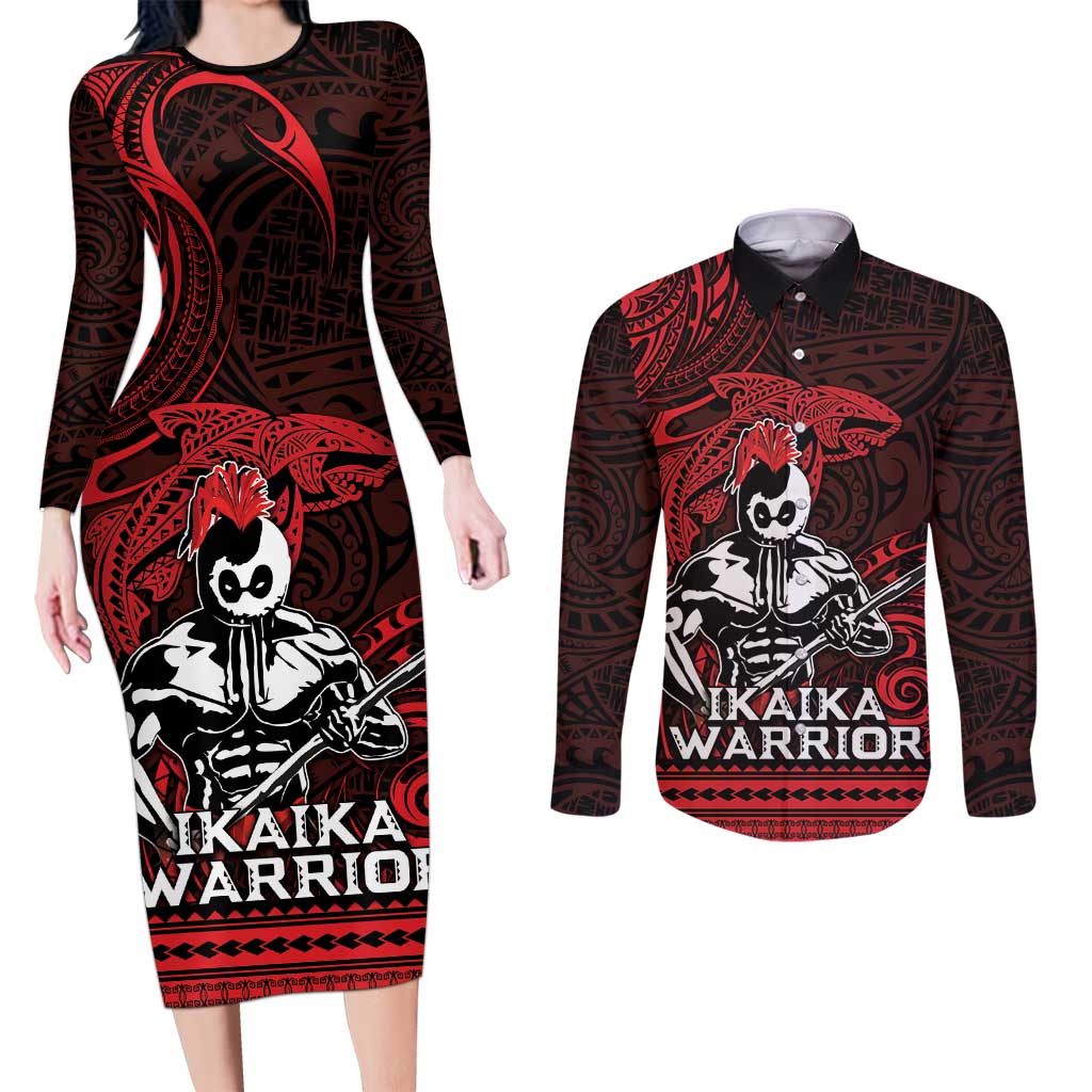 Hawaii Ikaika Warrior Couples Matching Long Sleeve Bodycon Dress and Long Sleeve Button Shirt Hawaiian Tribal Tattoo
