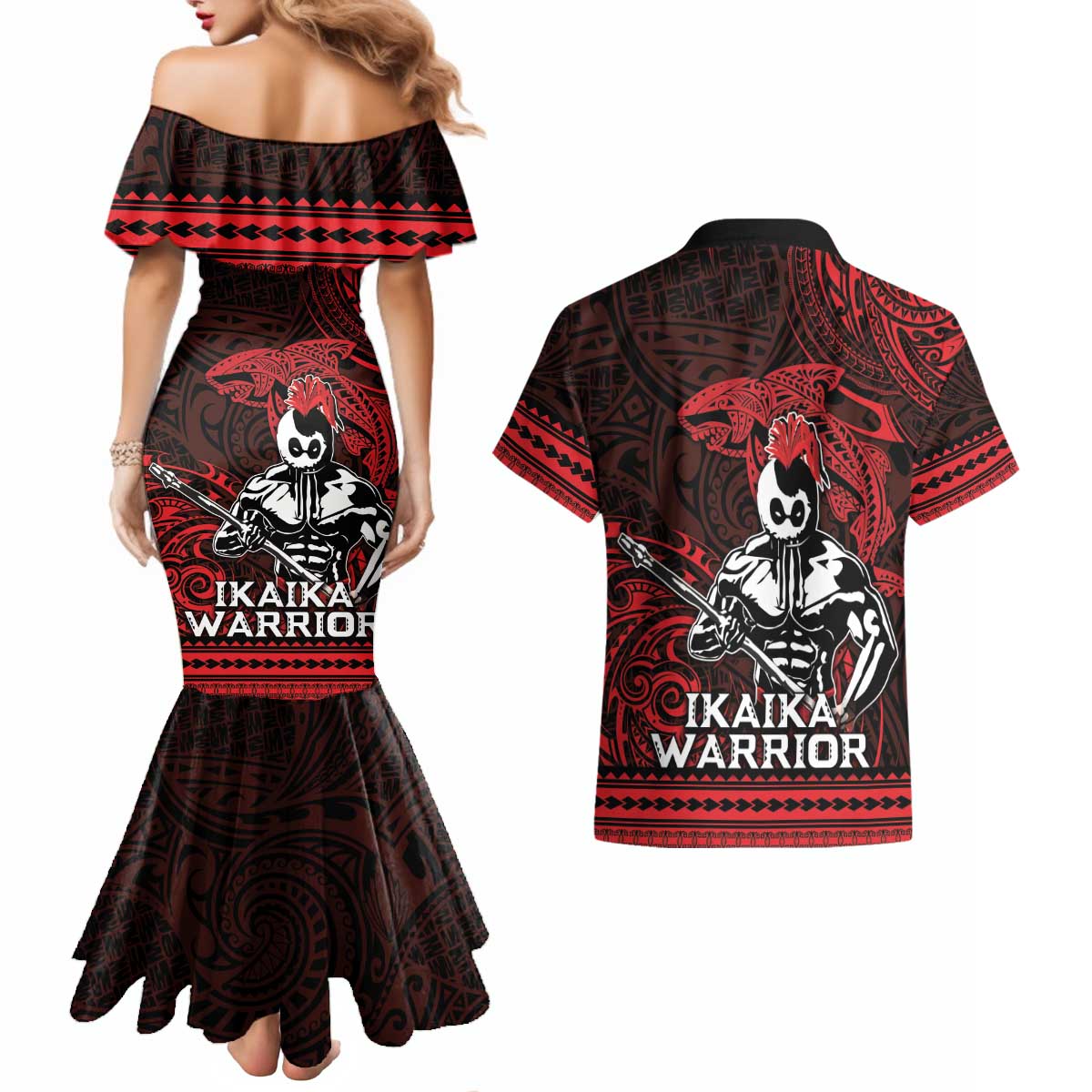 Hawaii Ikaika Warrior Couples Matching Mermaid Dress and Hawaiian Shirt Hawaiian Tribal Tattoo