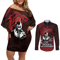 Hawaii Ikaika Warrior Couples Matching Off Shoulder Short Dress and Long Sleeve Button Shirt Hawaiian Tribal Tattoo