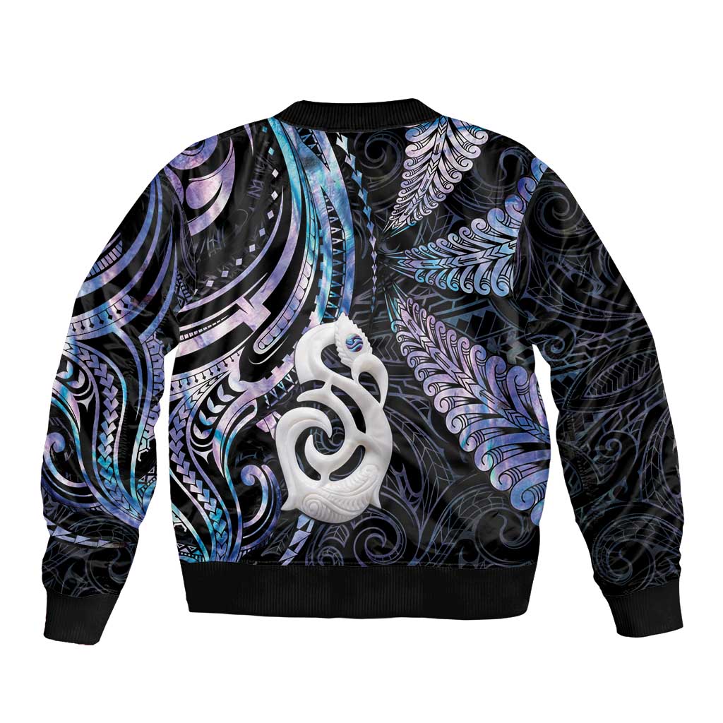 New Zealand Aotearoa Bomber Jacket Maori Hei Manaia Purple Paua Shell