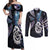 New Zealand Aotearoa Couples Matching Off Shoulder Maxi Dress and Long Sleeve Button Shirt Maori Hei Manaia Purple Paua Shell
