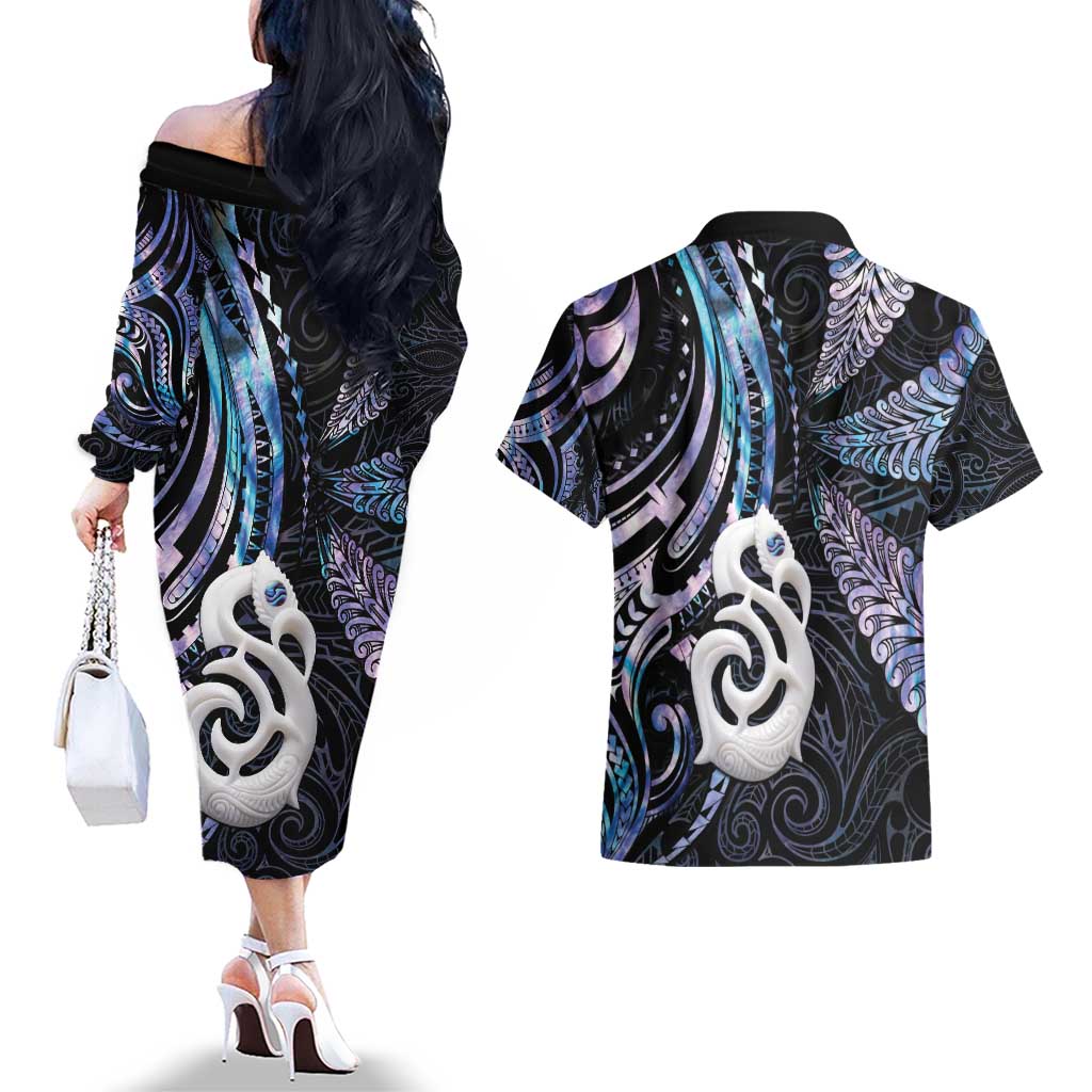 New Zealand Aotearoa Couples Matching Off The Shoulder Long Sleeve Dress and Hawaiian Shirt Maori Hei Manaia Purple Paua Shell