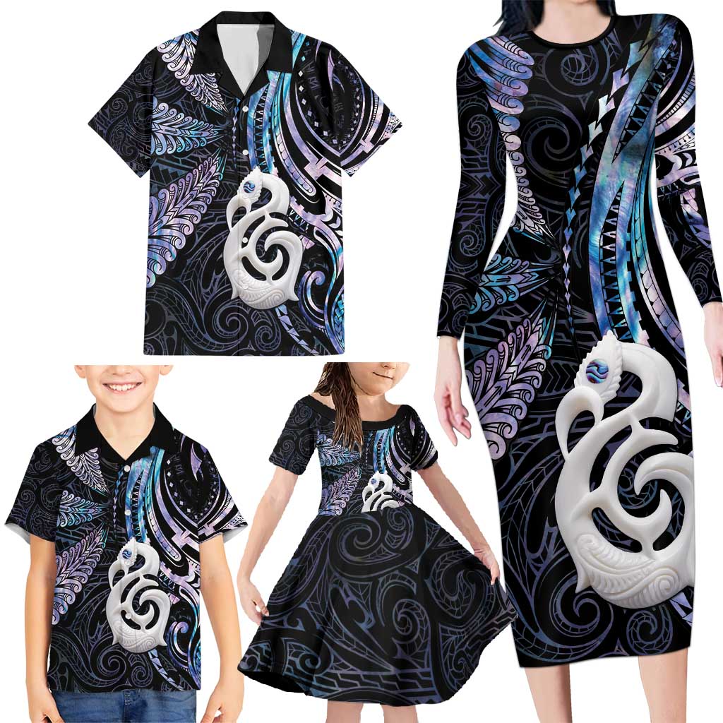 New Zealand Aotearoa Family Matching Long Sleeve Bodycon Dress and Hawaiian Shirt Maori Hei Manaia Purple Paua Shell