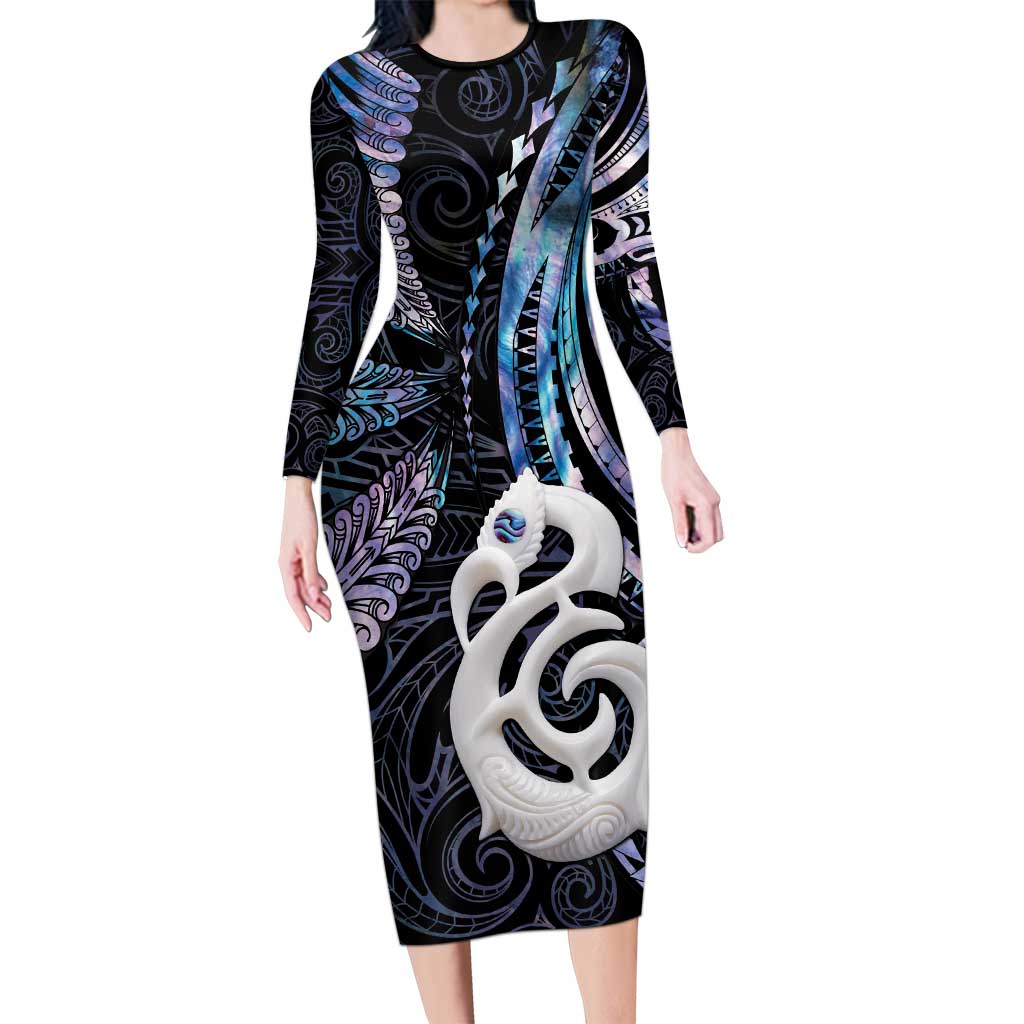 New Zealand Aotearoa Family Matching Long Sleeve Bodycon Dress and Hawaiian Shirt Maori Hei Manaia Purple Paua Shell
