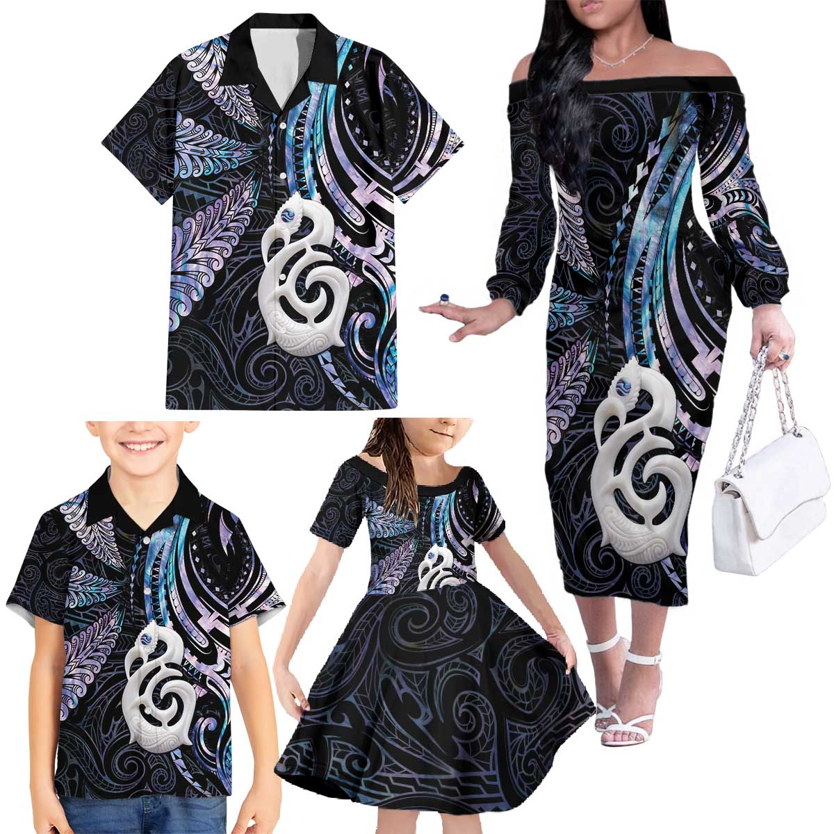 New Zealand Aotearoa Family Matching Off The Shoulder Long Sleeve Dress and Hawaiian Shirt Maori Hei Manaia Purple Paua Shell