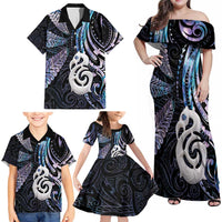 New Zealand Aotearoa Family Matching Off Shoulder Maxi Dress and Hawaiian Shirt Maori Hei Manaia Purple Paua Shell