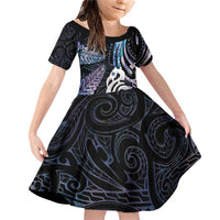 New Zealand Aotearoa Family Matching Off Shoulder Short Dress and Hawaiian Shirt Maori Hei Manaia Purple Paua Shell