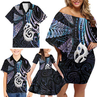 New Zealand Aotearoa Family Matching Off Shoulder Short Dress and Hawaiian Shirt Maori Hei Manaia Purple Paua Shell
