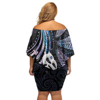 New Zealand Aotearoa Family Matching Off Shoulder Short Dress and Hawaiian Shirt Maori Hei Manaia Purple Paua Shell