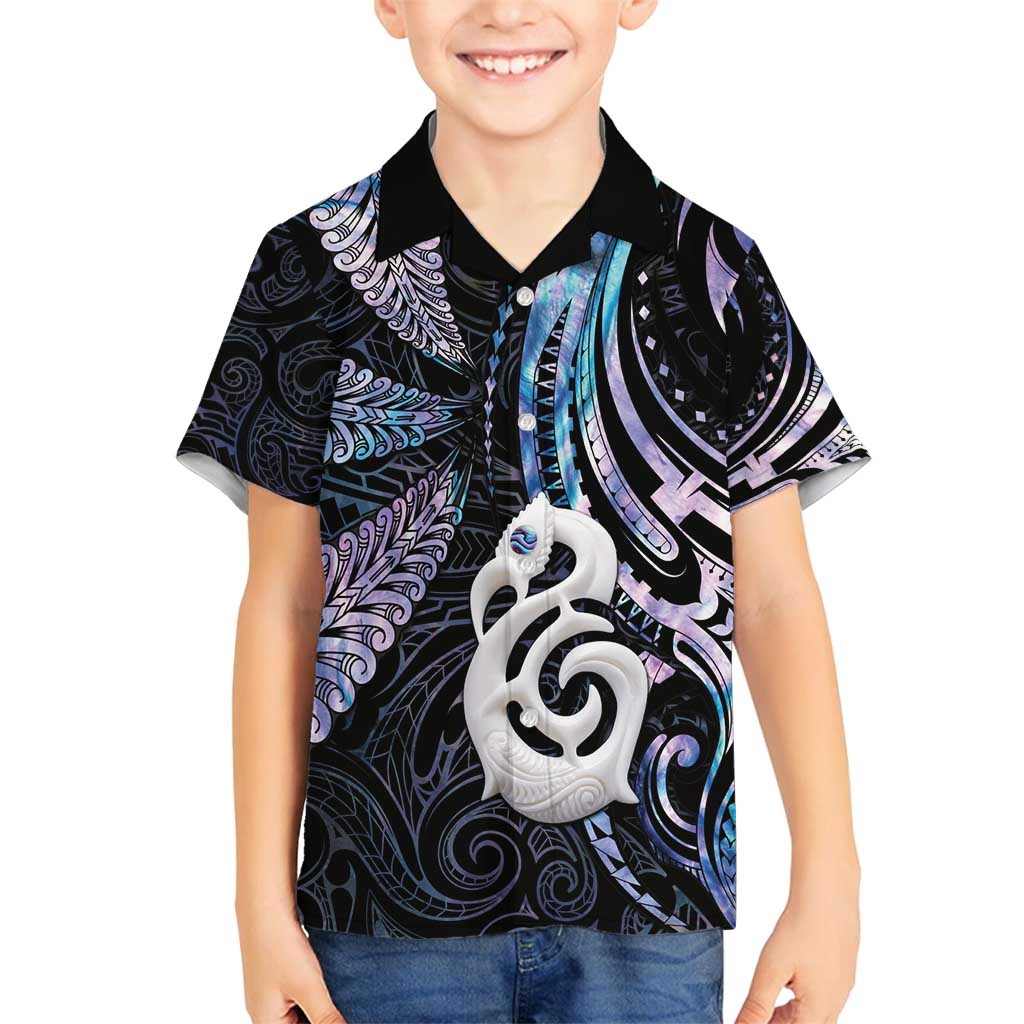 New Zealand Aotearoa Family Matching Off Shoulder Short Dress and Hawaiian Shirt Maori Hei Manaia Purple Paua Shell
