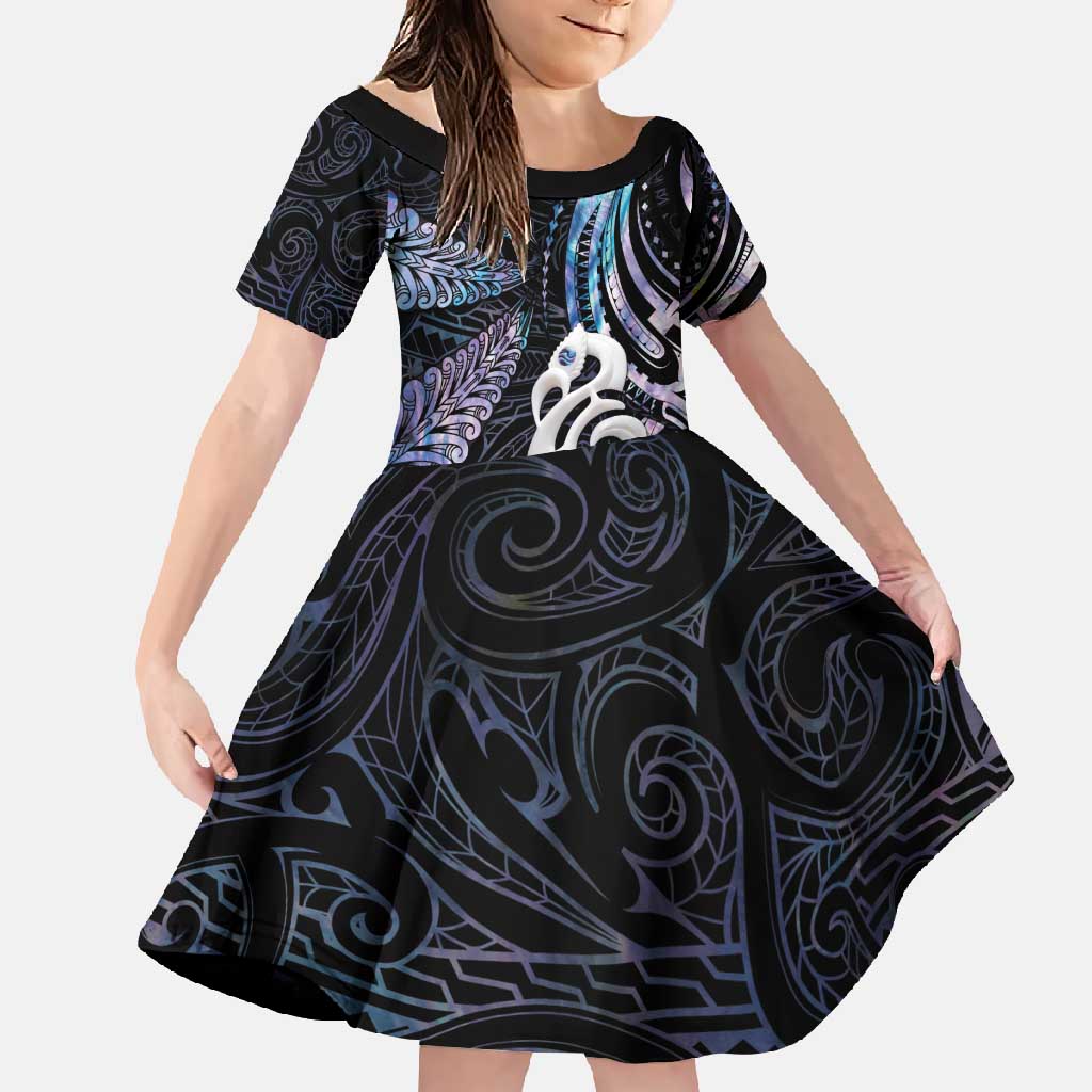 New Zealand Aotearoa Family Matching Short Sleeve Bodycon Dress and Hawaiian Shirt Maori Hei Manaia Purple Paua Shell DT04 Daughter's Dress Purple - Polynesian Pride