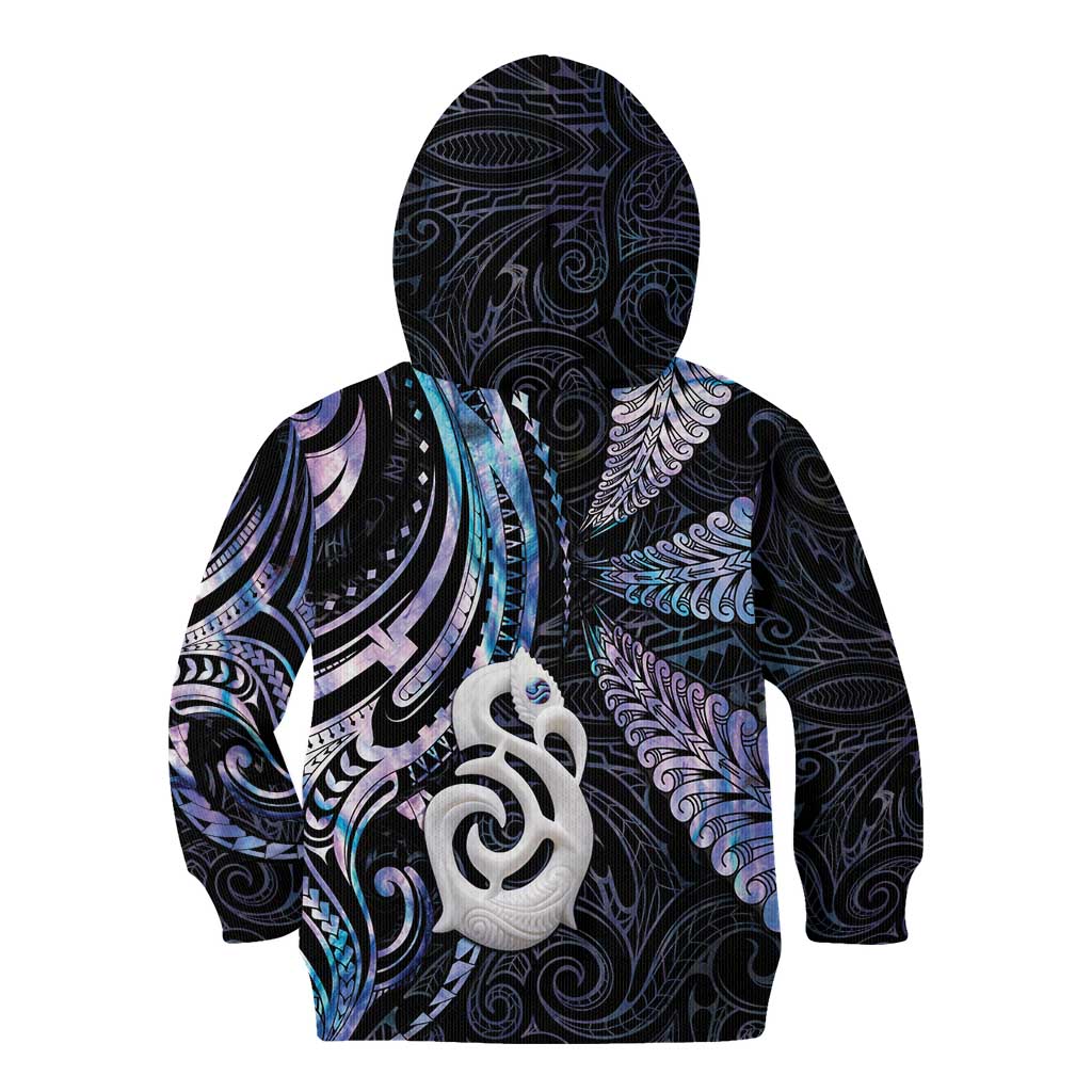 New Zealand Aotearoa Kid Hoodie Maori Hei Manaia Purple Paua Shell