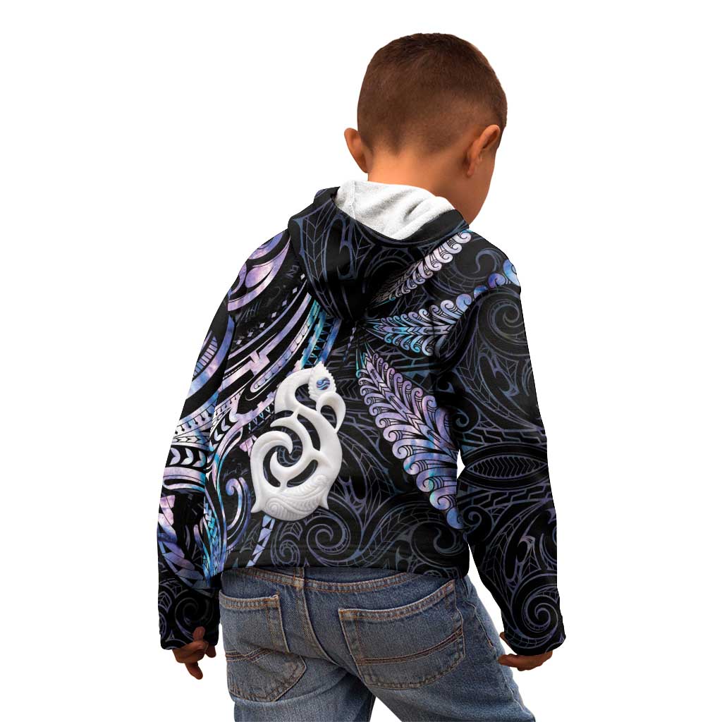 New Zealand Aotearoa Kid Hoodie Maori Hei Manaia Purple Paua Shell