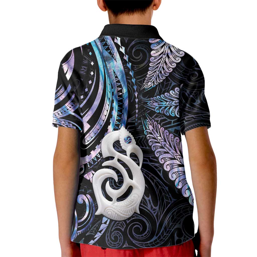 New Zealand Aotearoa Kid Polo Shirt Maori Hei Manaia Purple Paua Shell