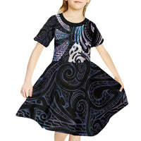 New Zealand Aotearoa Kid Short Sleeve Dress Maori Hei Manaia Purple Paua Shell