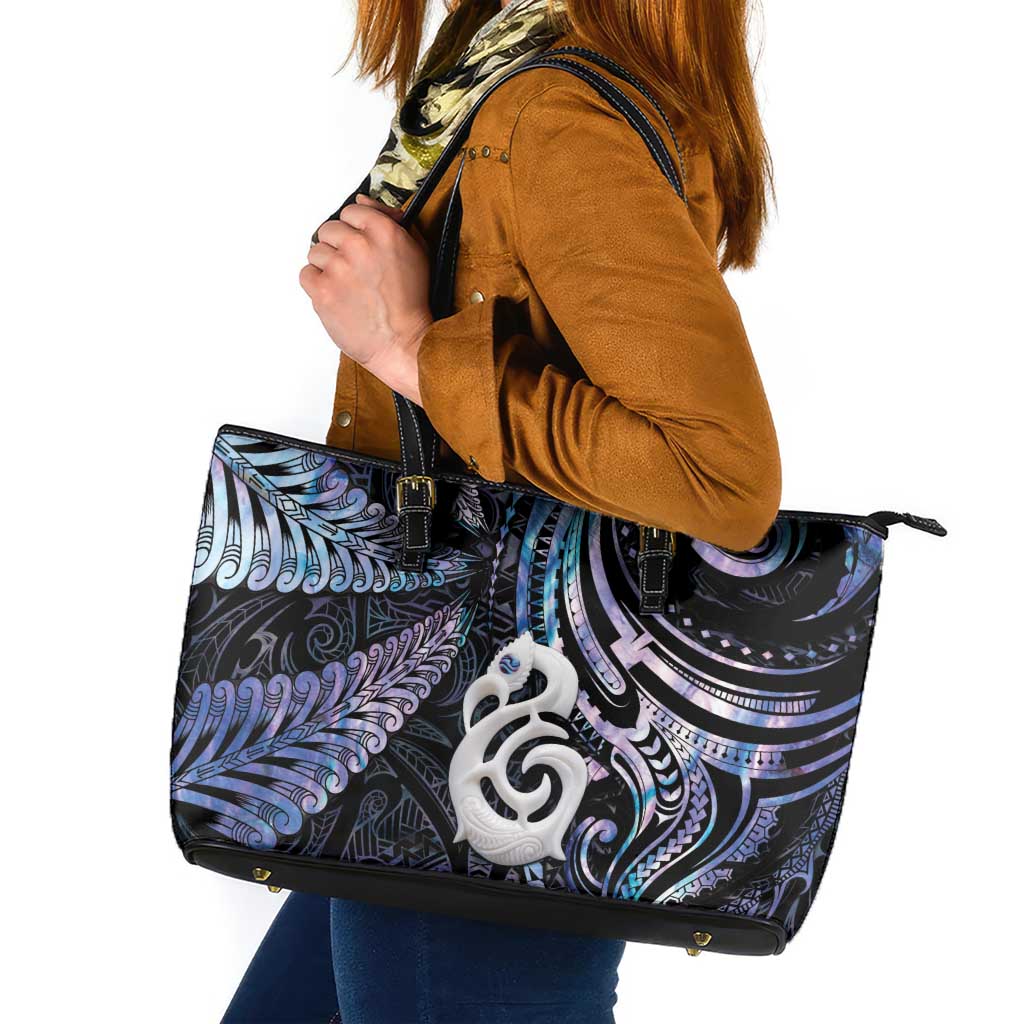 New Zealand Aotearoa Leather Tote Bag Maori Hei Manaia Purple Paua Shell DT04 Purple - Polynesian Pride