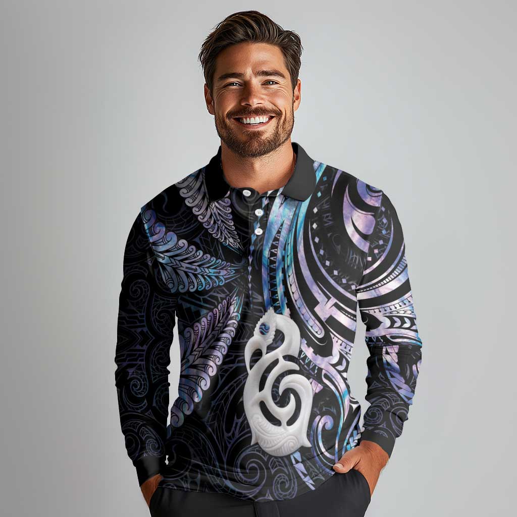 New Zealand Aotearoa Long Sleeve Polo Shirt Maori Hei Manaia Purple Paua Shell