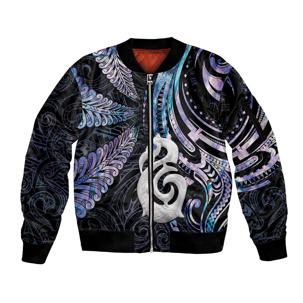 New Zealand Aotearoa Sleeve Zip Bomber Jacket Maori Hei Manaia Purple Paua Shell DT04 Unisex Purple - Polynesian Pride