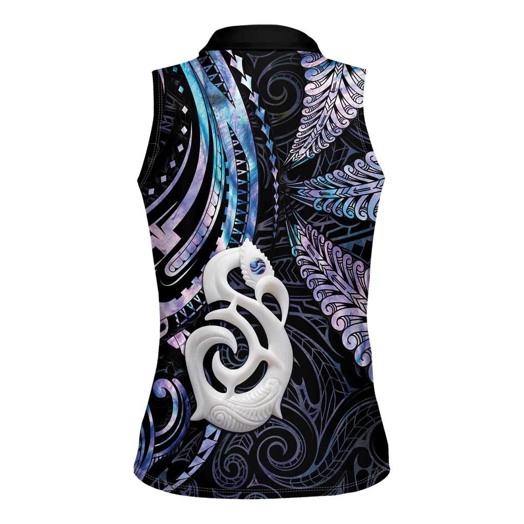 New Zealand Aotearoa Women Sleeveless Polo Shirt Maori Hei Manaia Purple Paua Shell