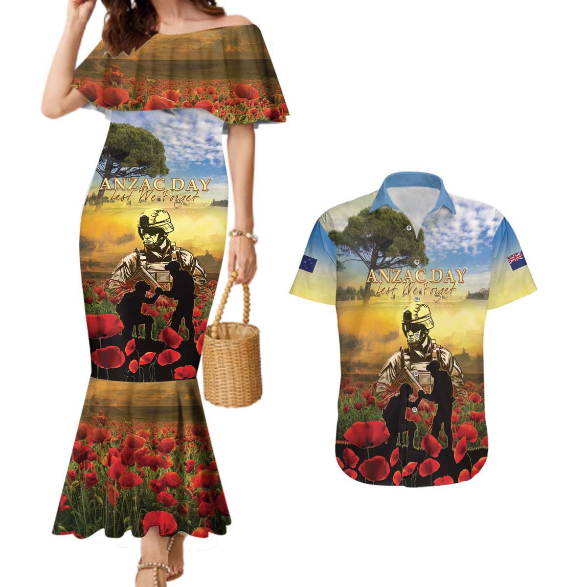 New Zealand ANZAC Day Couples Matching Mermaid Dress and Hawaiian Shirt The Ode Remembrance And Poppy